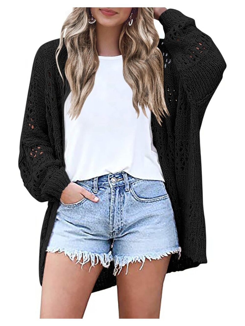 Womens Lightweight Crochet Cardigan Boho Open Front Sweater